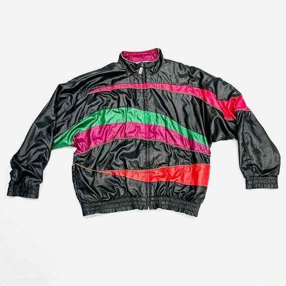 Vintage 90s TAIL Black Multicolor Jewel Toned Lined Windbreaker Bomber Jacket - Picture 1 of 6